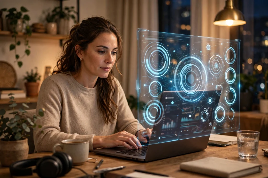 Person using AI agent on laptop in home office