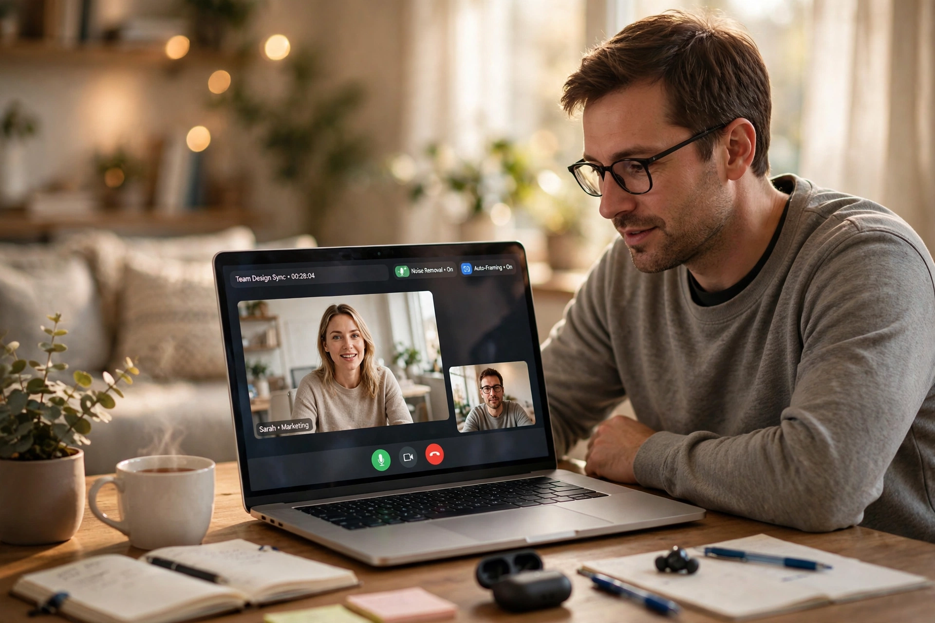 Person on a video call with AI background blur on an AI PC