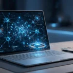 AI PC laptop with neural network visuals on screen
