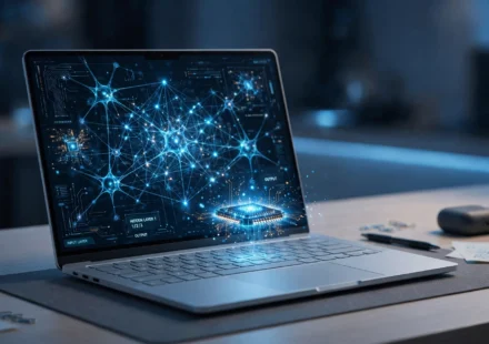 AI PC laptop with neural network visuals on screen