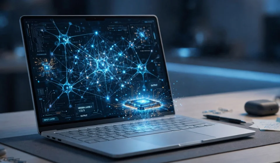 AI PC laptop with neural network visuals on screen