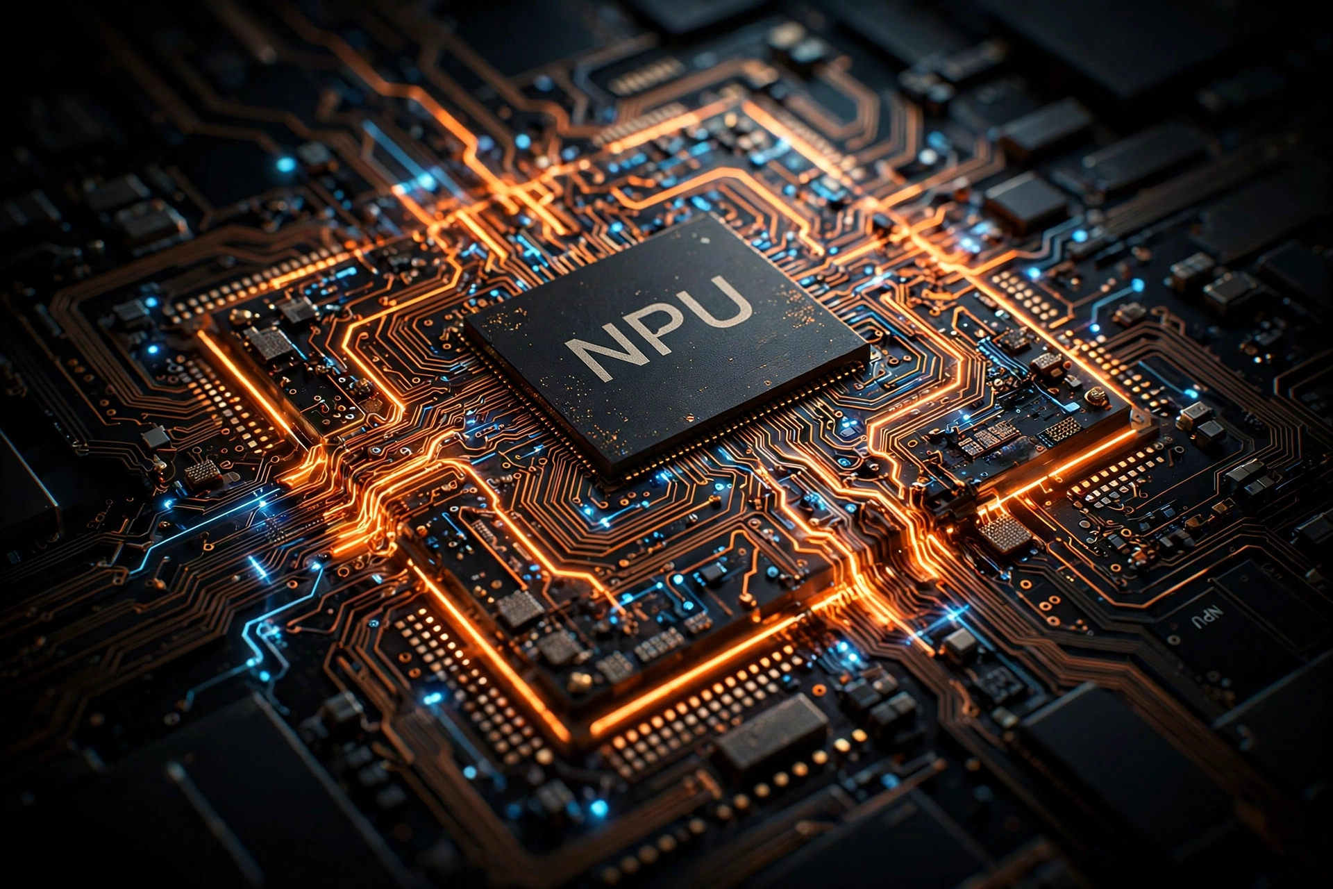 Close-up of an NPU chip with glowing circuits