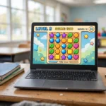 Chromebook on a school desk with a colorful simple browser game on screen, notebooks and a pencil beside it