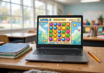 Chromebook on a school desk with a colorful simple browser game on screen, notebooks and a pencil beside it