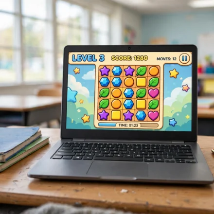 Chromebook on a school desk with a colorful simple browser game on screen, notebooks and a pencil beside it