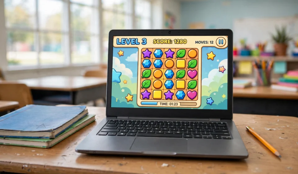 Chromebook on a school desk with a colorful simple browser game on screen, notebooks and a pencil beside it