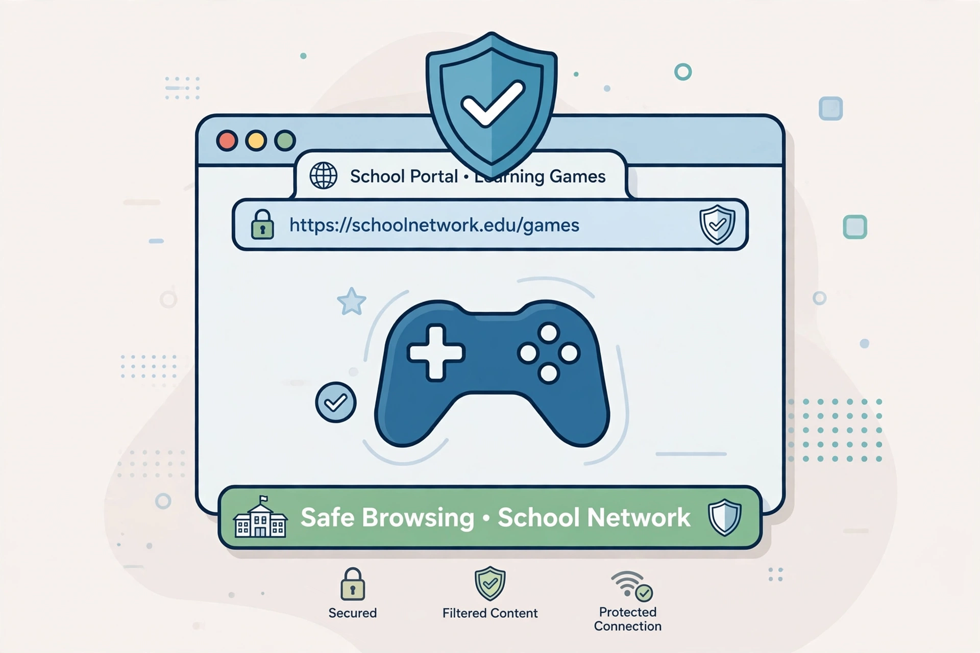 Shield icon over a browser window with a game controller symbol, safe browsing on school networks