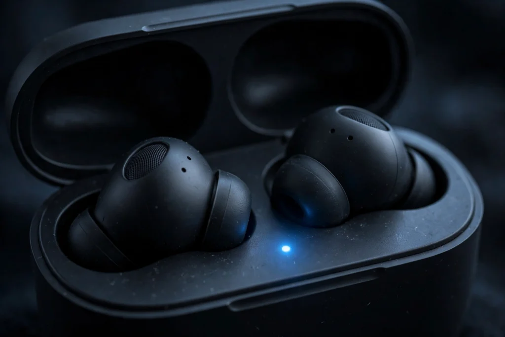 Close-up of wireless earbuds in charging case