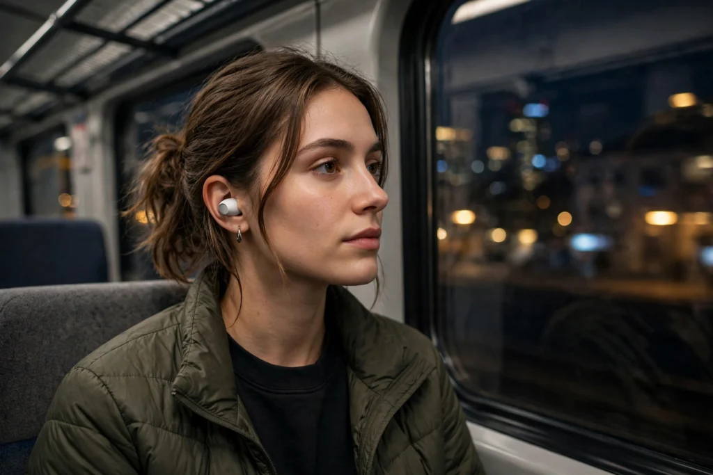 Person wearing noise cancelling wireless earbuds while commuting