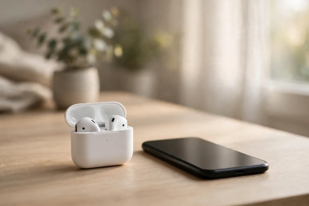 Wireless earbuds with smartphone on desk