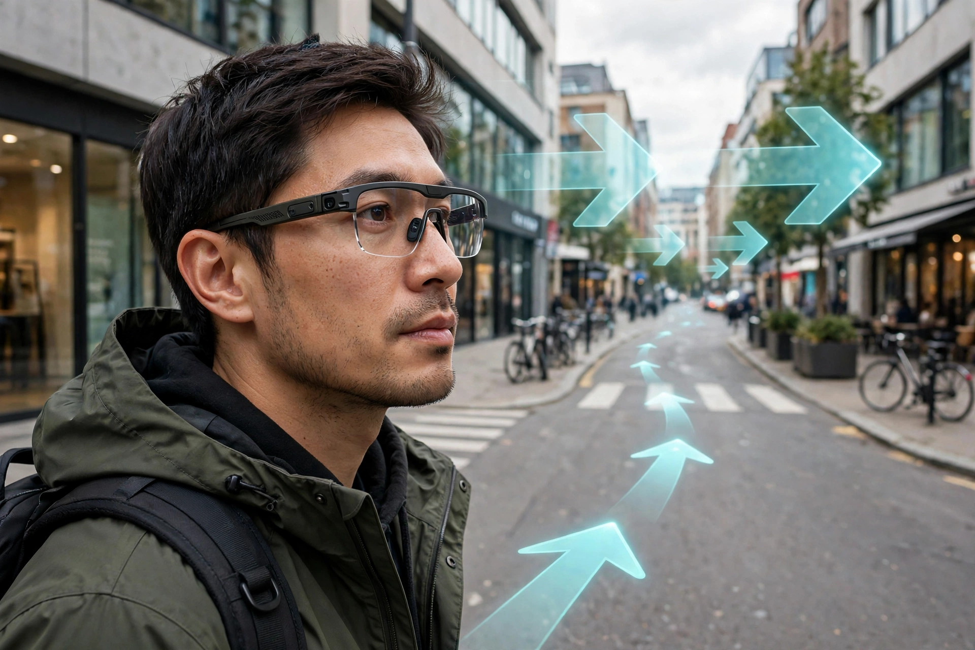 Person wearing AI smart glasses with AR navigation in a city