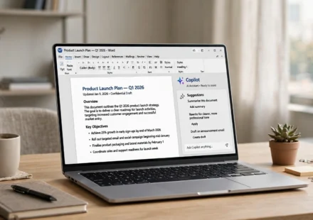 laptop with Microsoft Copilot panel in a Word document
