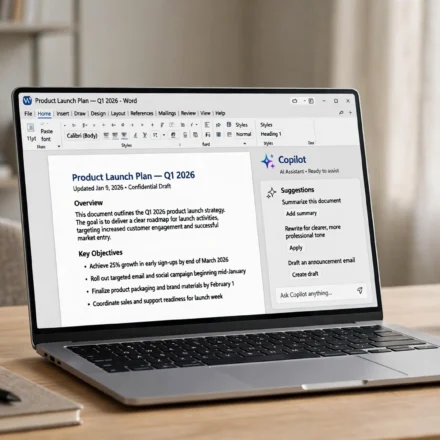 laptop with Microsoft Copilot panel in a Word document