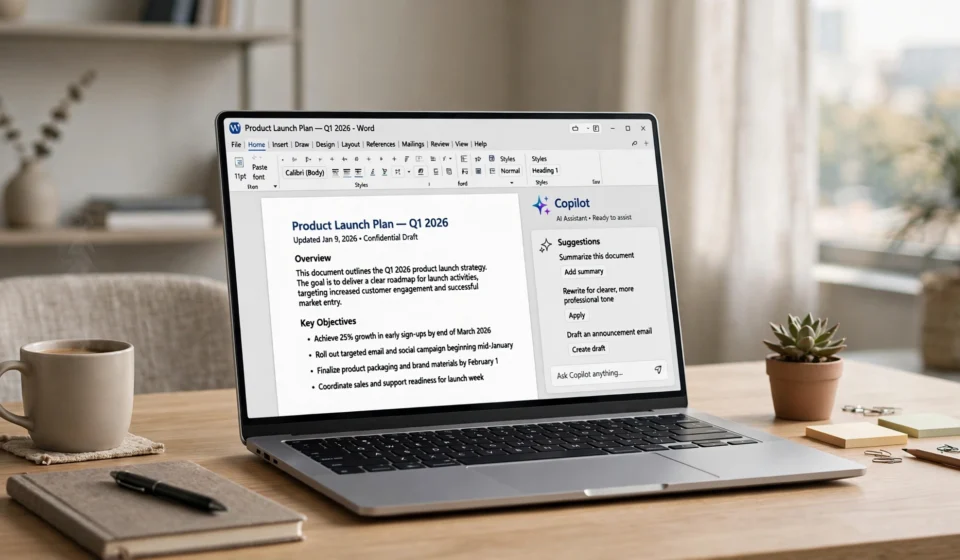 laptop with Microsoft Copilot panel in a Word document
