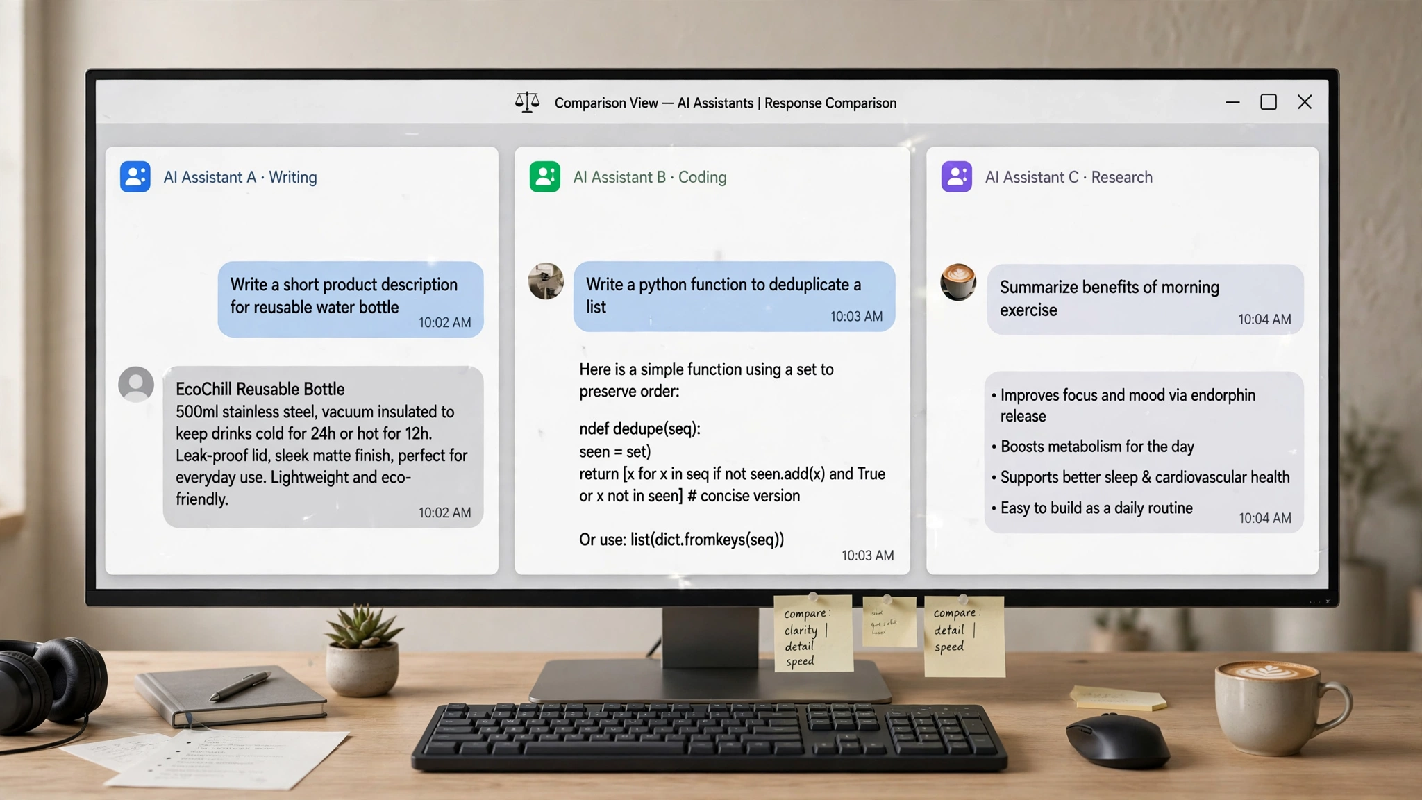 three AI assistant chat windows compared side by side