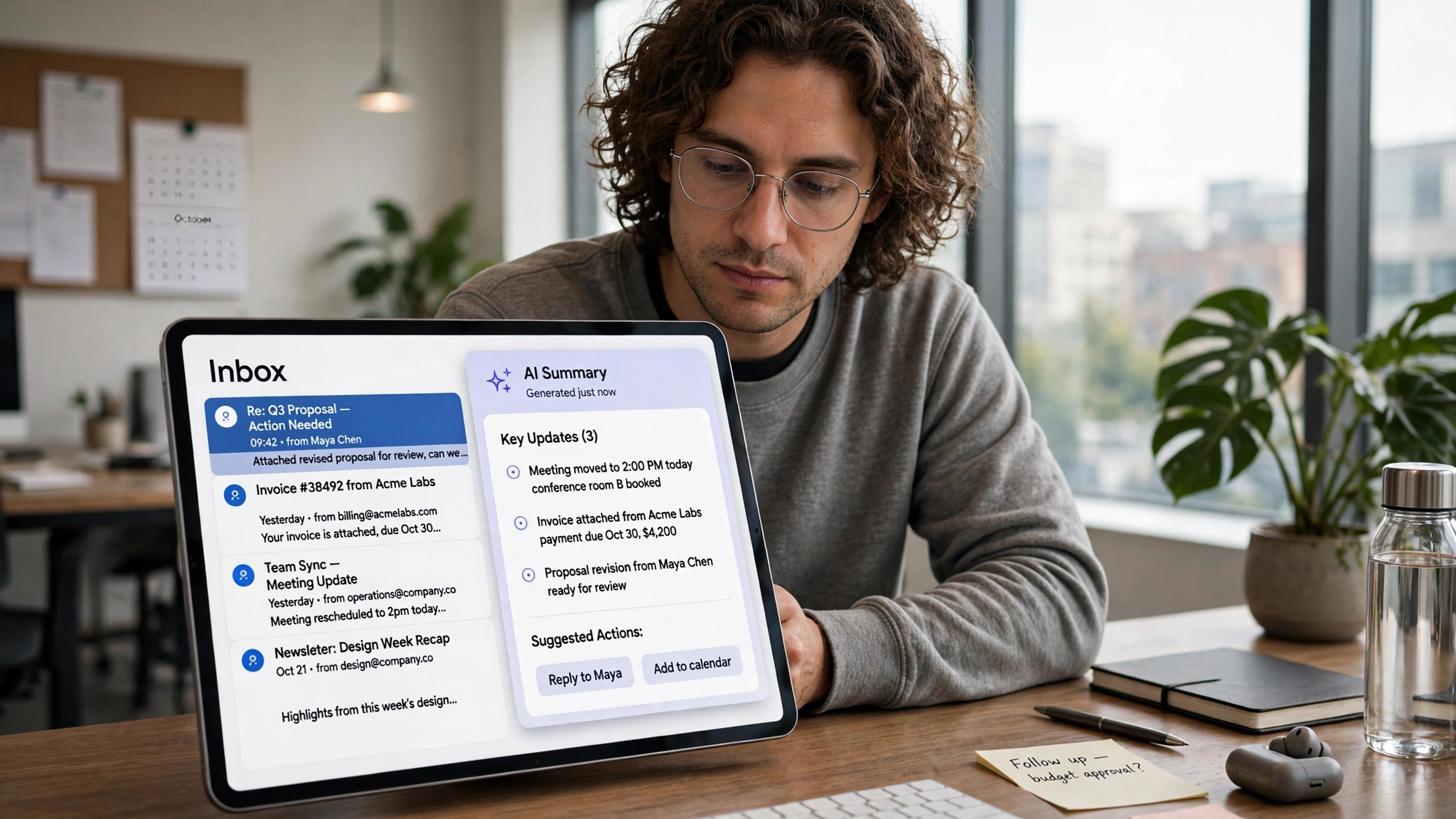 email inbox with AI summary on a tablet