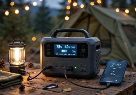 portable power station for camping with phone and lantern plugged in