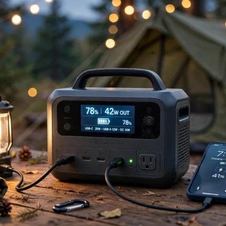 portable power station for camping with phone and lantern plugged in