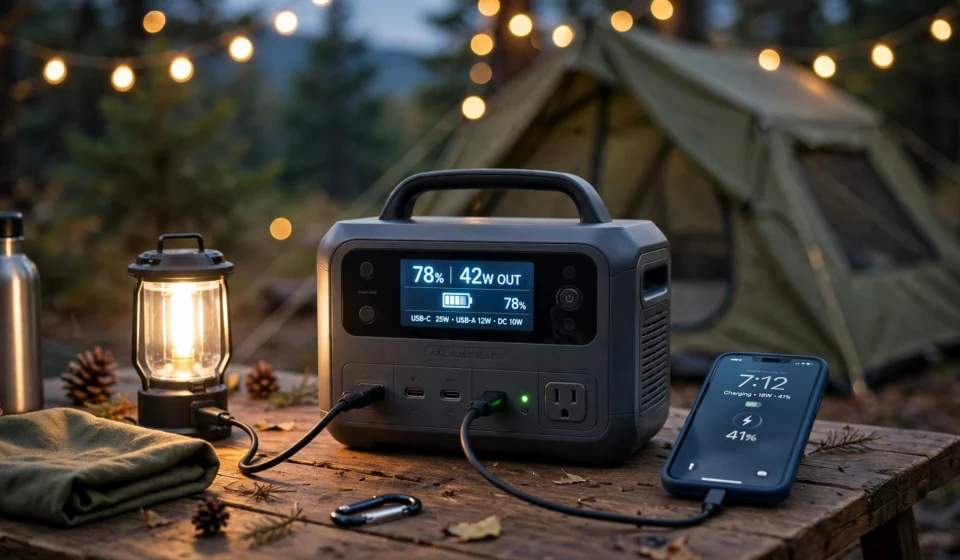 portable power station for camping with phone and lantern plugged in