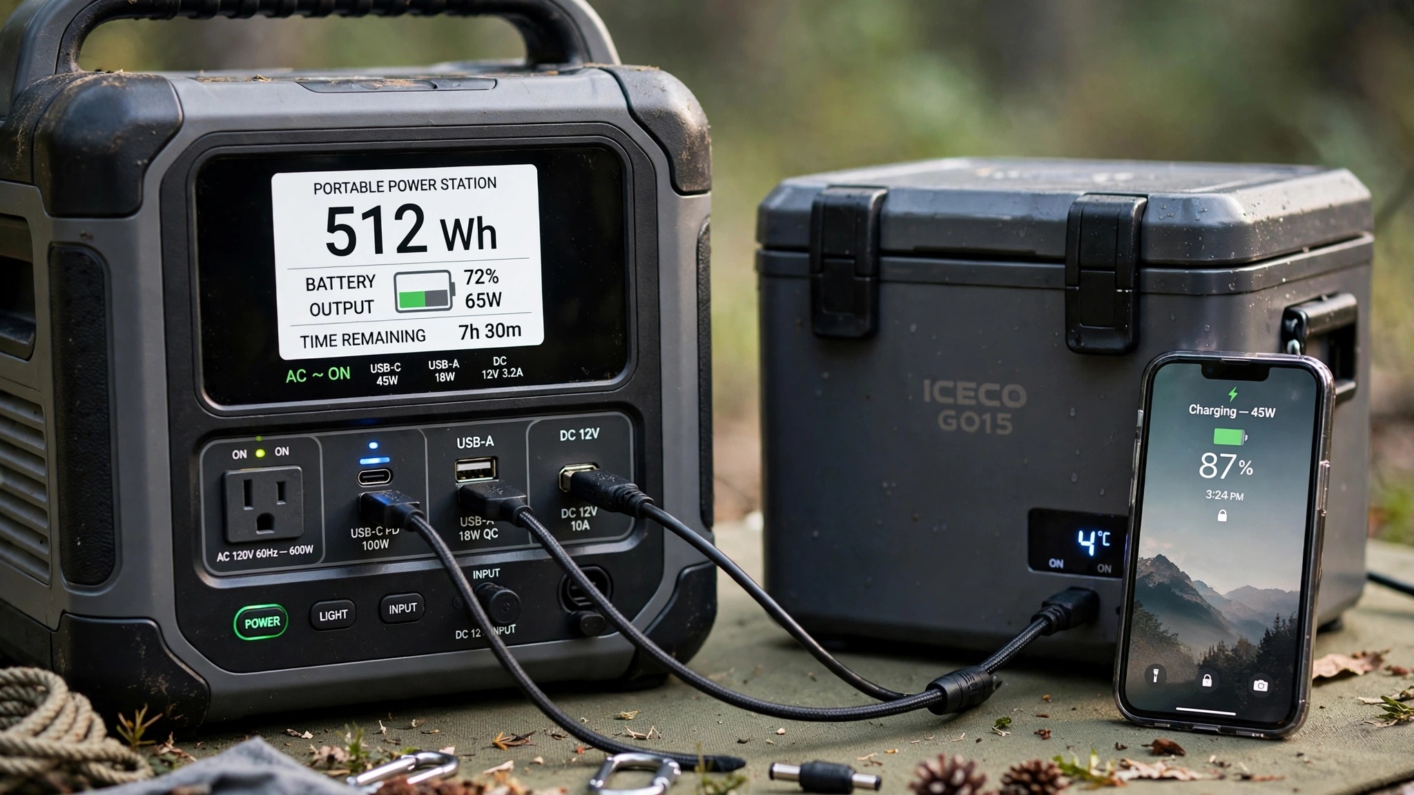 power station display showing watt hours and charging ports