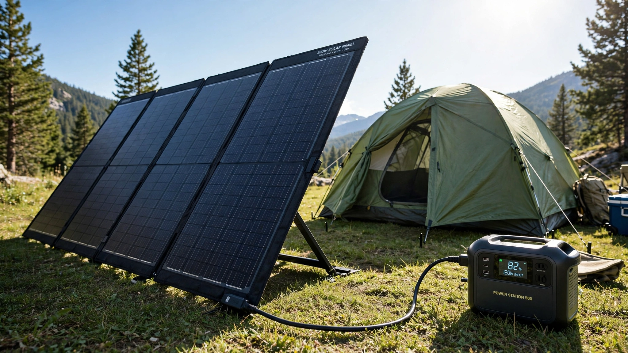 foldable solar panel charging a power station at a campsite