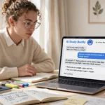 student studying with an AI tool on a laptop