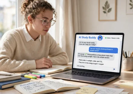 student studying with an AI tool on a laptop