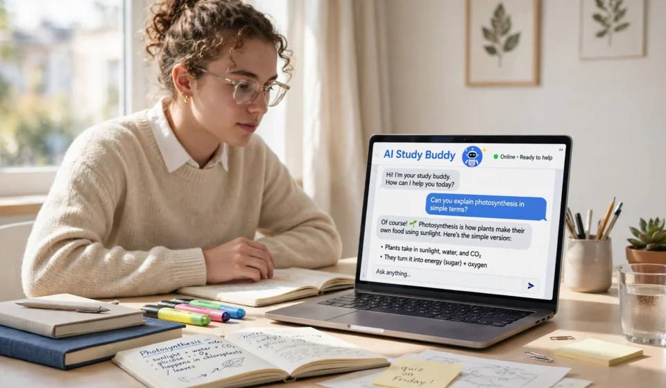 student studying with an AI tool on a laptop