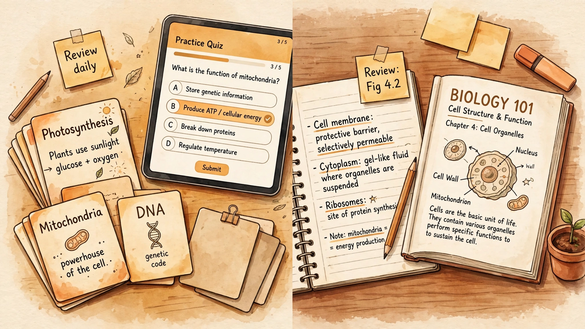 flashcards and practice quiz on a tablet next to handwritten notes