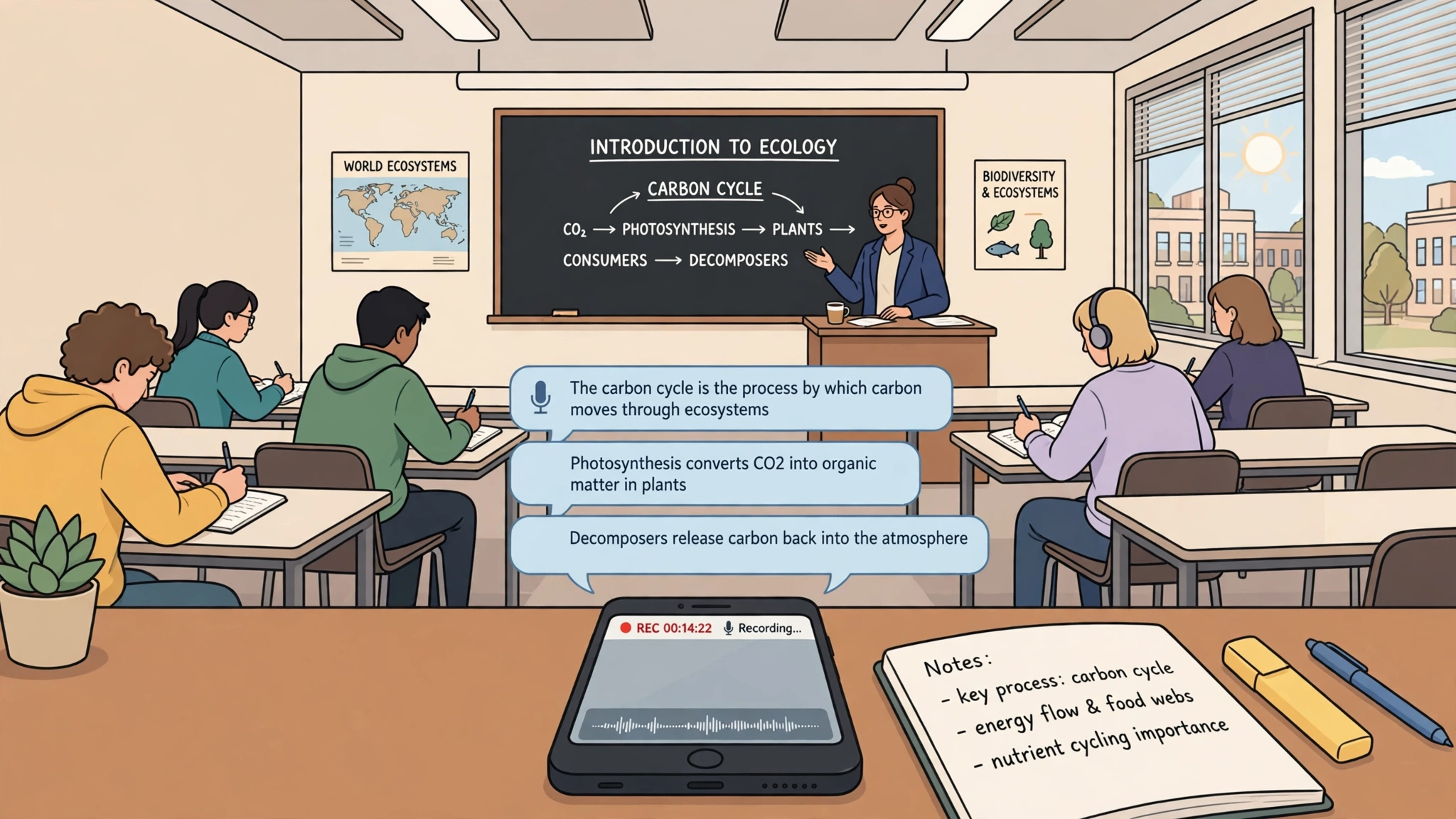lecture recording with live transcript on a phone