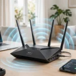WiFi 7 router on a desk with laptop and phone