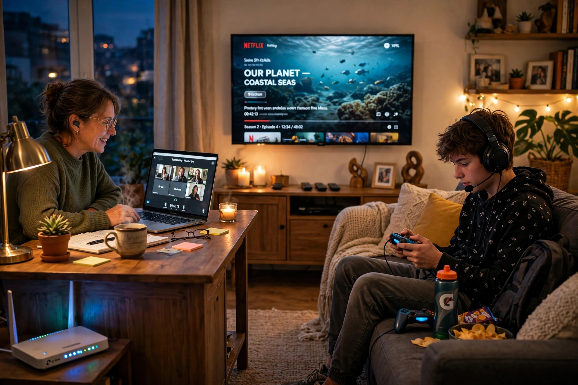 family using multiple devices on a busy home WiFi network