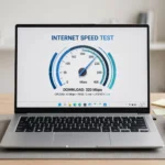 Windows 11 laptop with a speed gauge on screen