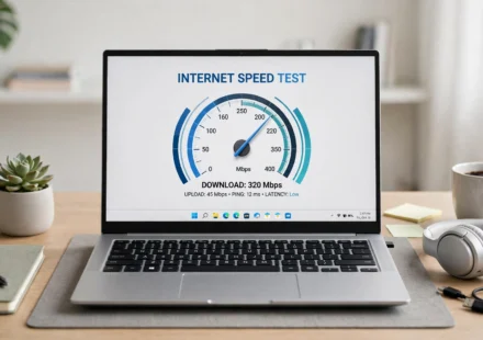 Windows 11 laptop with a speed gauge on screen
