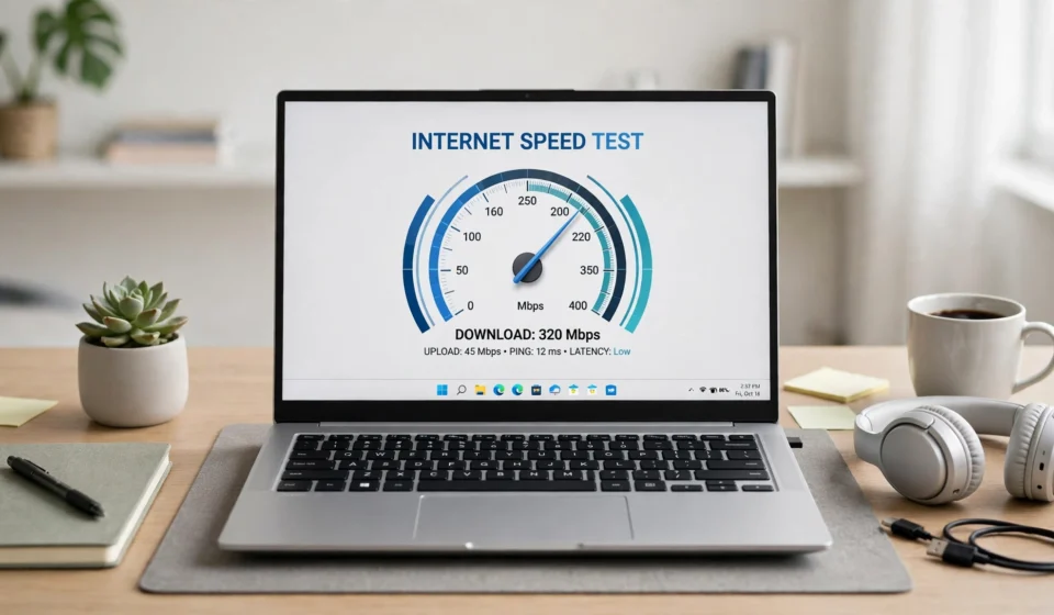 Windows 11 laptop with a speed gauge on screen