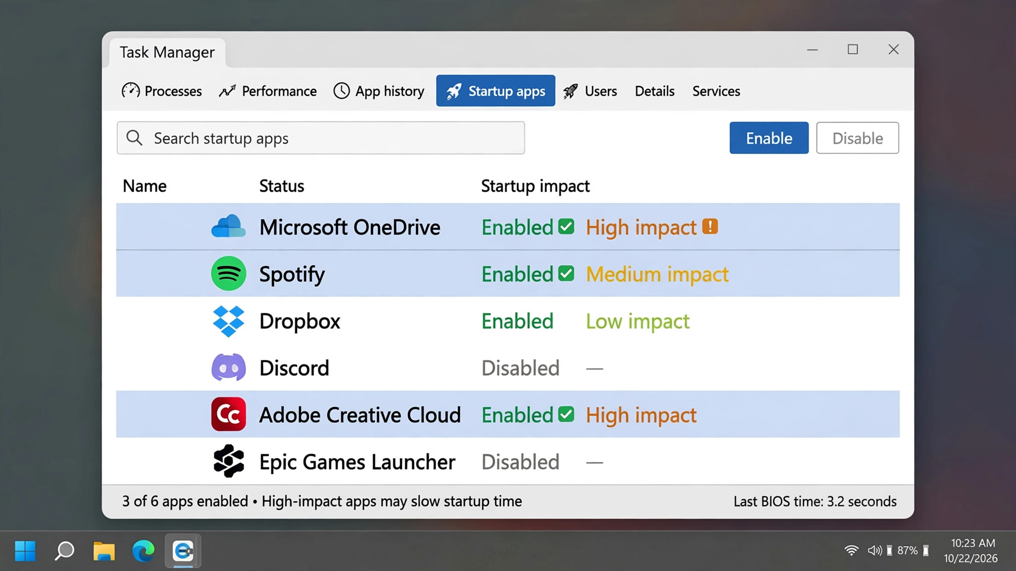 Task Manager startup apps list
