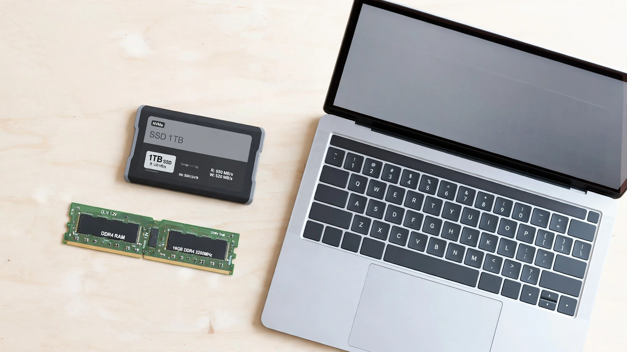 SSD and RAM stick next to an open laptop