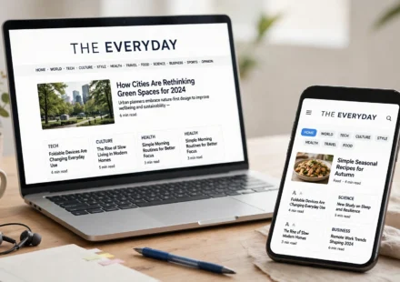 laptop and phone showing a clean online magazine homepage