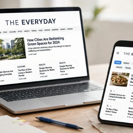 laptop and phone showing a clean online magazine homepage