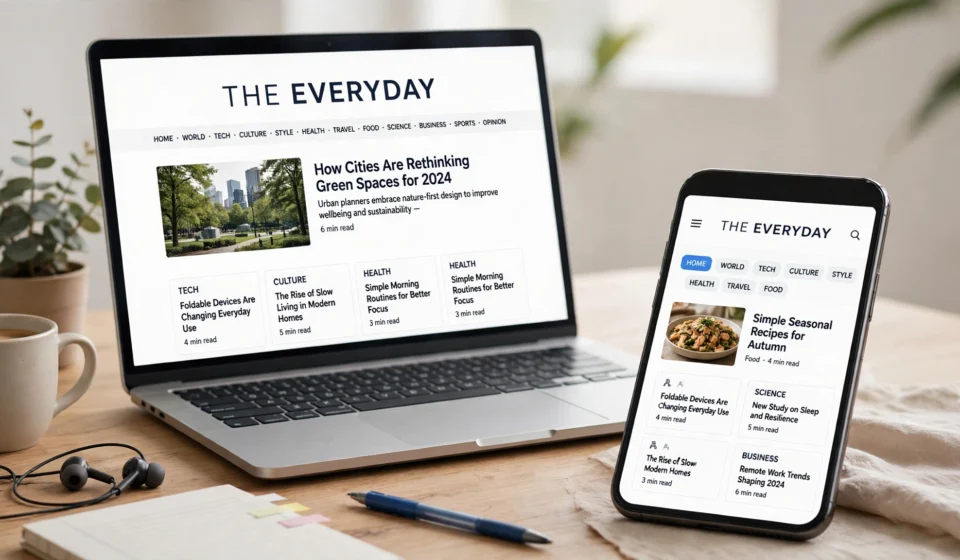 laptop and phone showing a clean online magazine homepage
