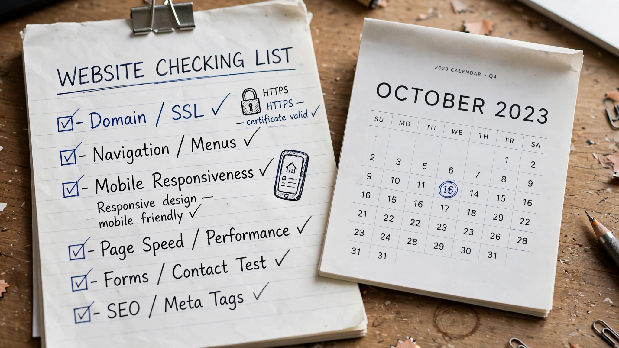 notepad checklist for checking a website with HTTPS lock and calendar