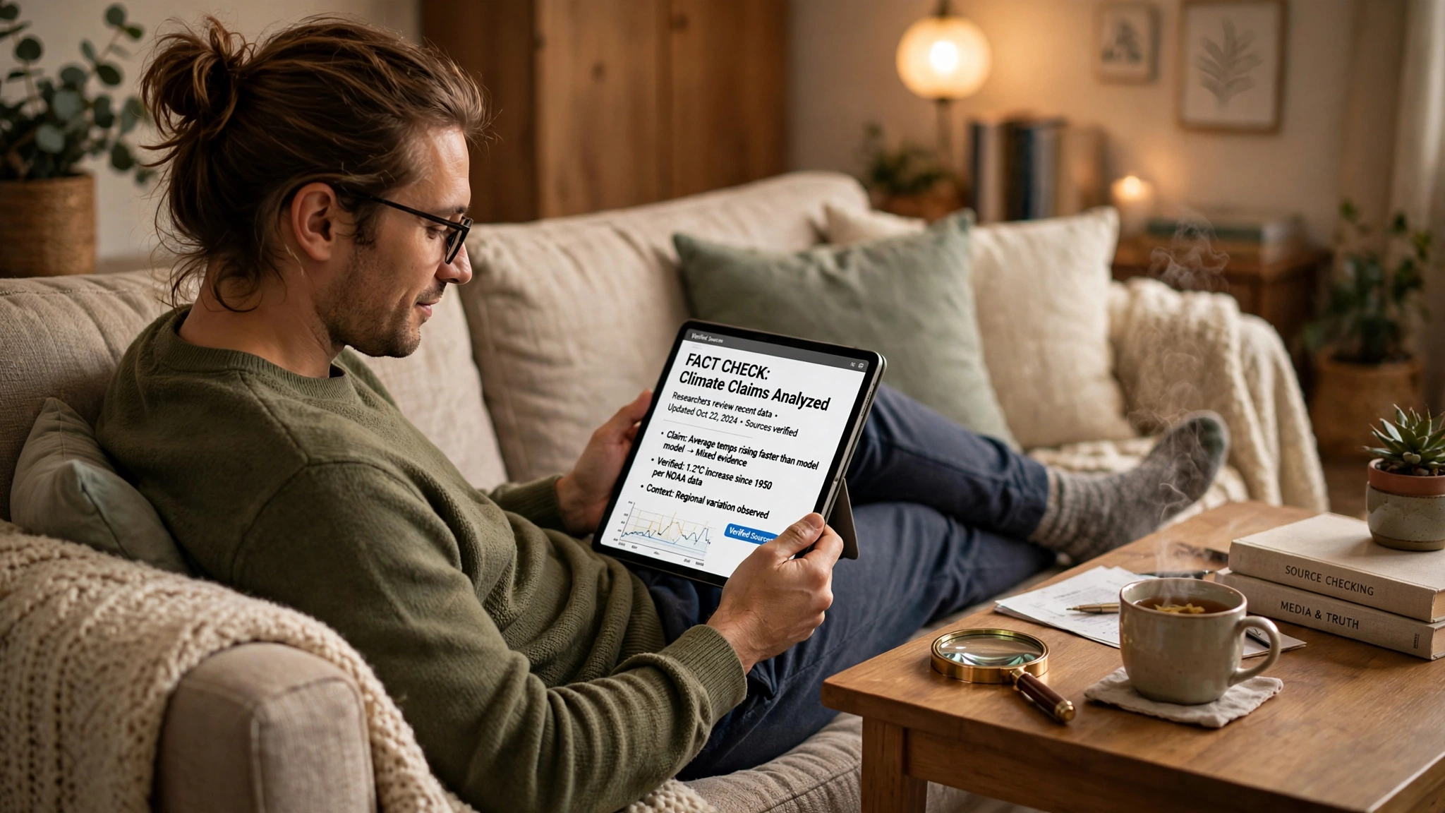 reader browsing articles on a tablet at home