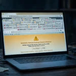laptop showing browser warnings and duplicate website tabs