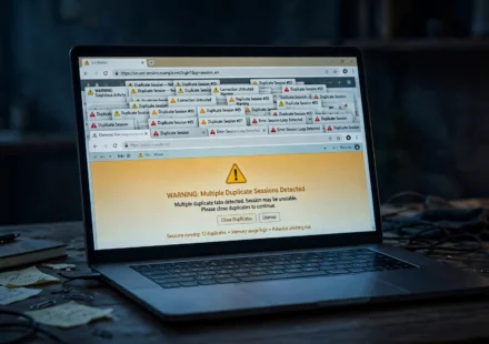 laptop showing browser warnings and duplicate website tabs