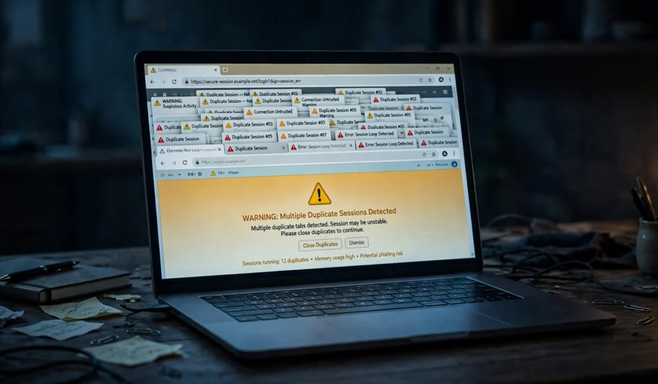 laptop showing browser warnings and duplicate website tabs