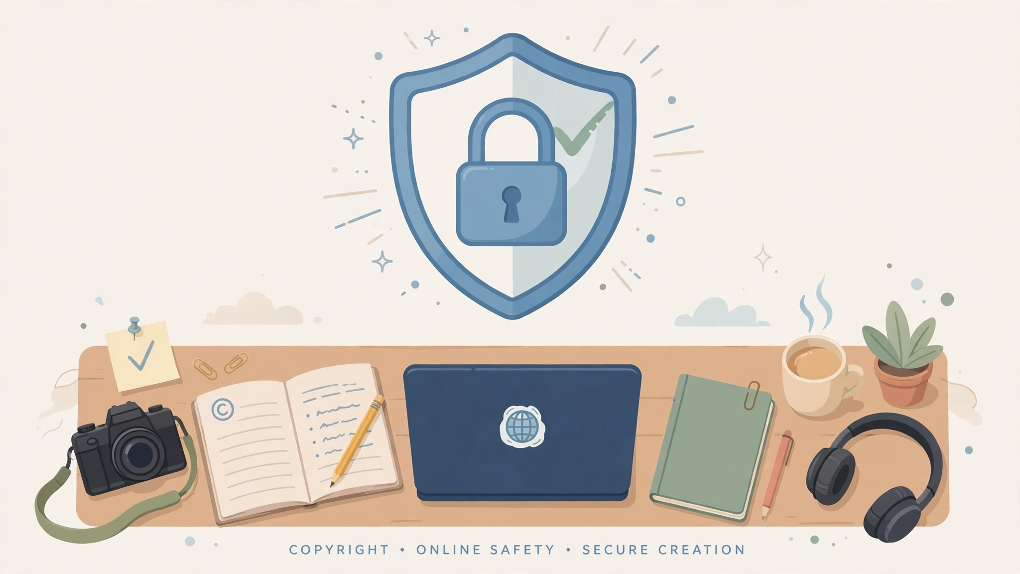 padlock and shield over a creator desk with camera