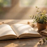 open book with soft morning light and a small plant