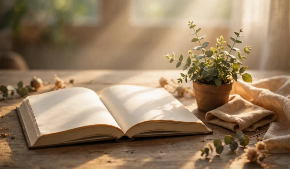 open book with soft morning light and a small plant