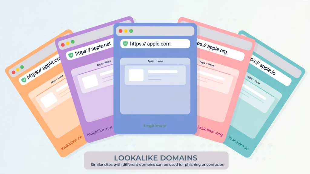 several near-identical browser windows with different domain endings