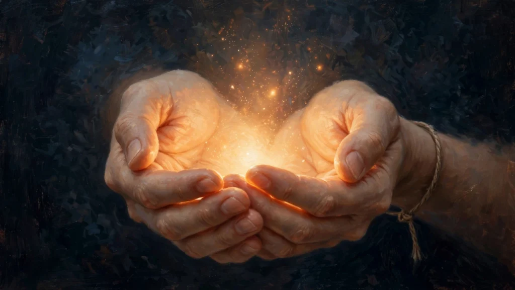 hands holding a glowing warm light in the dark
